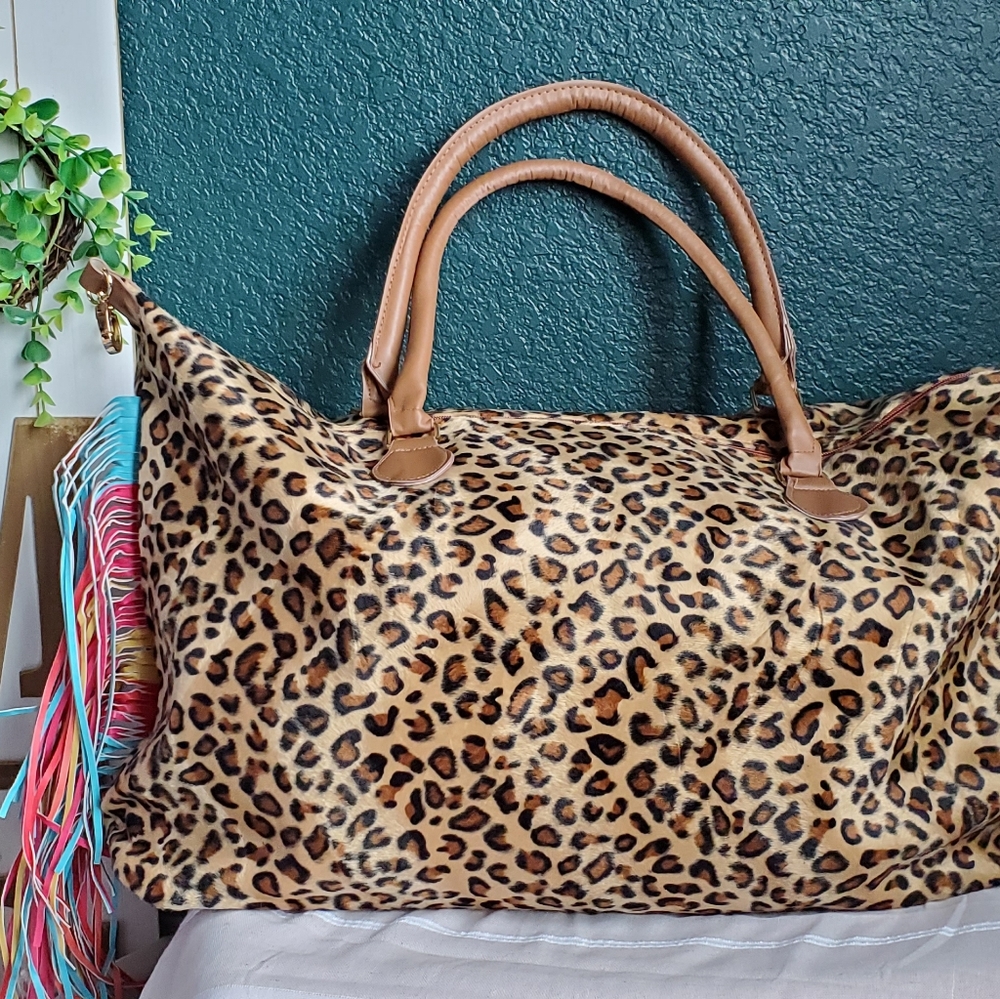 2 Left Leopard Print Fringe Weekender Bag